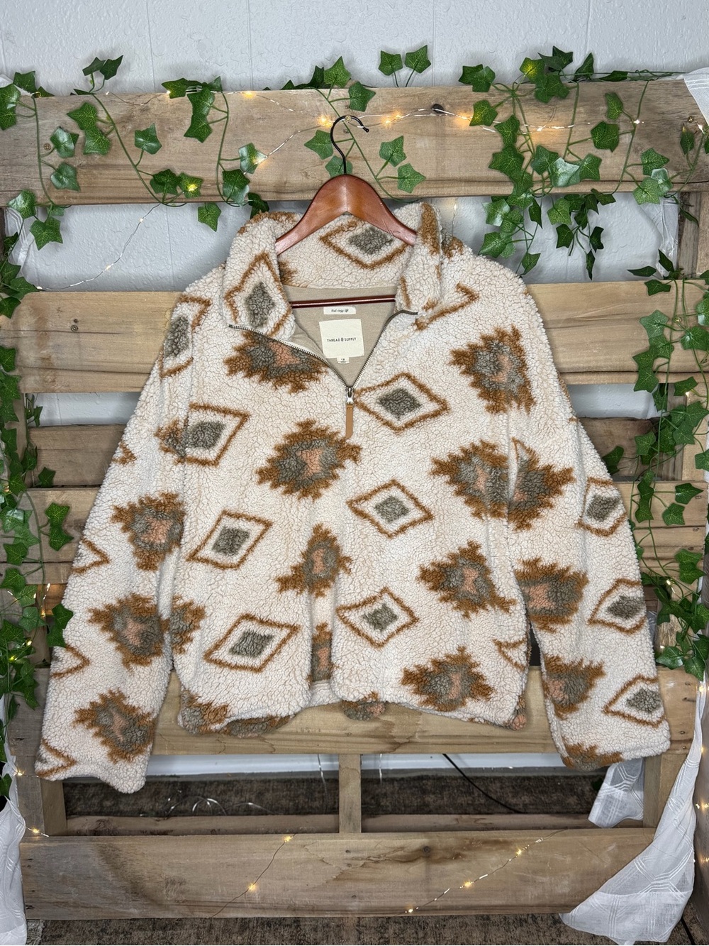 Thread & Supply Cream Sherpa Jacket with Brown & Olive Geometric Print